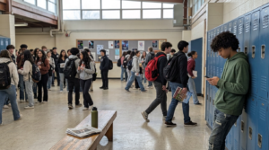 Students gather and walk through a bright school hallway lined with blue lockers, while a teenager in a green hoodie stands at the right reading a phone beside the lockers. A wooden bench, polished floor, and wall posters recede into the background under soft daylight from high windows, creating an active, everyday campus scene.