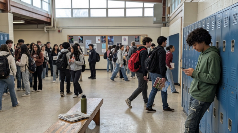 Students gather and walk through a bright school hallway lined with blue lockers, while a teenager in a green hoodie stands at the right reading a phone beside the lockers. A wooden bench, polished floor, and wall posters recede into the background under soft daylight from high windows, creating an active, everyday campus scene.