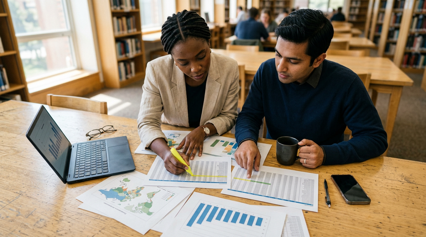 Two coworkers review printed charts and maps at a large wooden table in a bright library or study space. One writes with a yellow highlighter beside an open laptop, while the other points at a report and holds a dark mug; bookshelves and soft daylight fill the background.