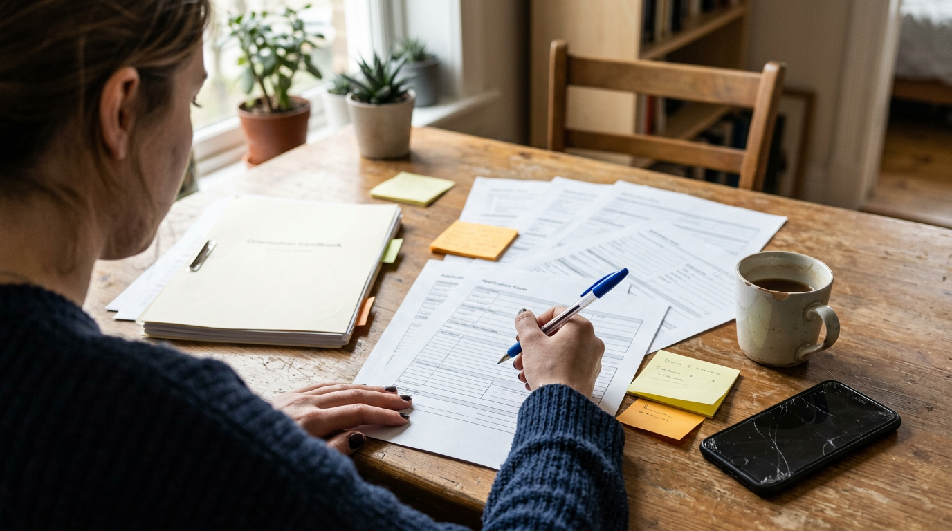 A woman in a navy sweater reviews paperwork at a worn wooden table, holding a blue pen over printed forms beside an open notebook, sticky notes, a coffee mug, and a black smartphone. Soft daylight from a nearby window warms the desk and the potted plants in the background.
