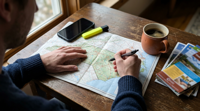 A Counselor’s Guide to All 16 UNC System Campuses A man in a navy sweater studies a folded road map spread across a worn wooden table, tracing routes with a pen beside a smartphone, yellow highlighter, and steaming coffee mug. Postcards and travel brochures rest to the right, while daylight from a nearby window softens the scene.
