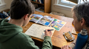 How to Choose a College Consultant for an Engineering-Bound Student A young man in a green hoodie sketches on a floor plan at a worn wooden table while an older man leans in beside him. Colorful architecture photos and a small snack packet are spread across the tabletop, with soft daylight from nearby windows giving the scene a focused, workbench feel.