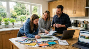 Three people gather around a wooden kitchen island covered with colorful brochures, magazines, and an open book. A girl leans over the table while a woman and man stand beside her, with bright window light, potted plants, and warm wood cabinets creating a tidy, sunlit home setting.