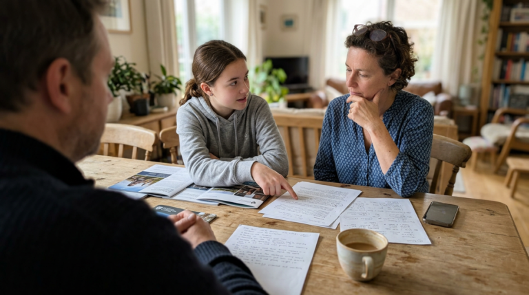 A young girl in a gray hoodie points to papers spread across a wooden table while a woman in a blue patterned blouse studies the page beside her. The scene is framed by a blurred man in the foreground, with notebooks, a coffee cup, and a smartphone on the table in soft daylight.