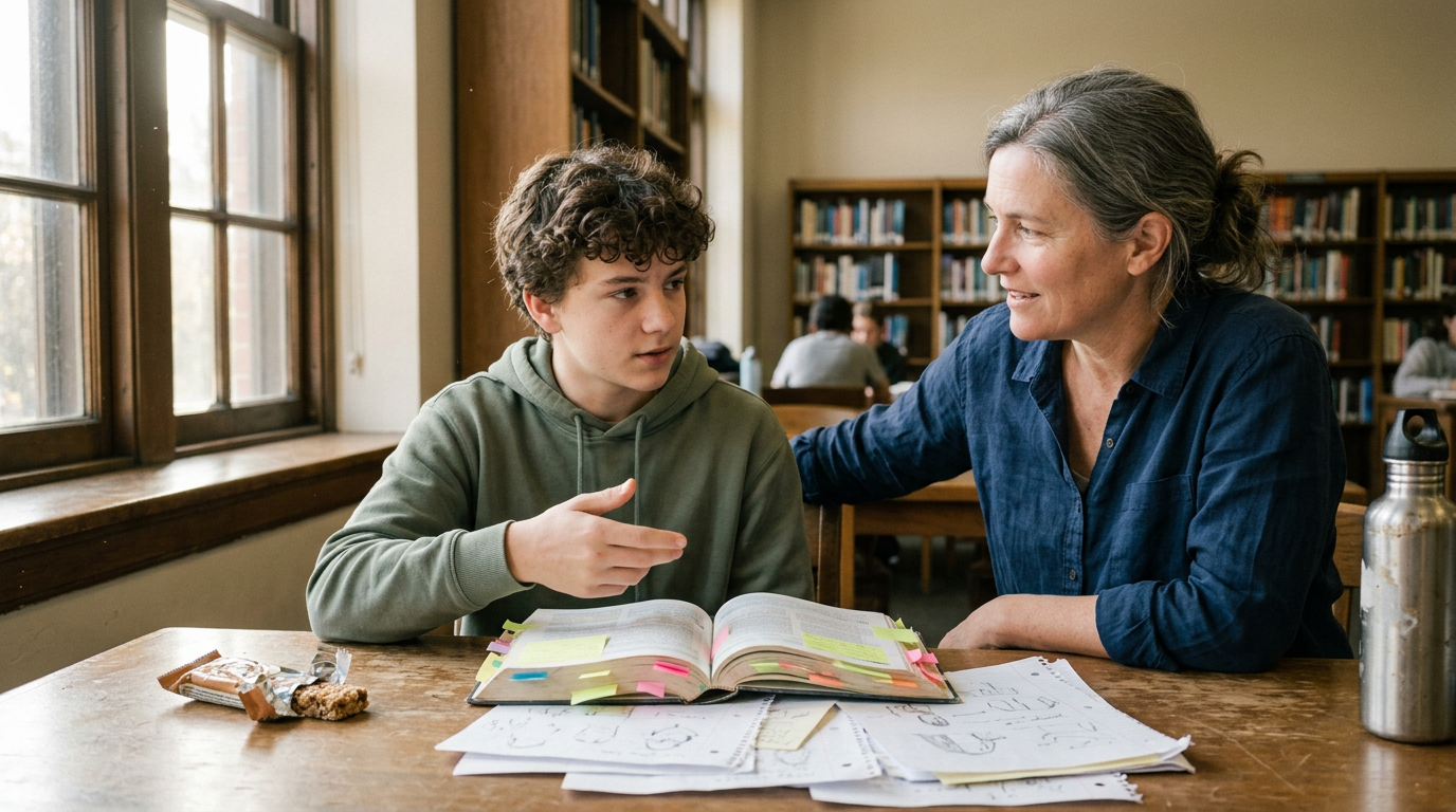 A teenage boy in a green hoodie sits at a wooden table beside a gray-haired woman in a blue shirt, with an open book and scattered notes spread between them. Sunlight from tall windows warms the library-like room, where bookshelves and soft interior tones create a studious, calm setting.