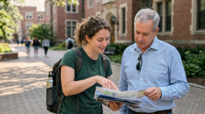 A young woman in a dark green T-shirt points to a folded map while standing beside an older man in a light blue shirt holding it open. They are centered on a brick campus walkway, with red-brick buildings, leafy hedges, and a few blurred pedestrians receding into the sunlit background.