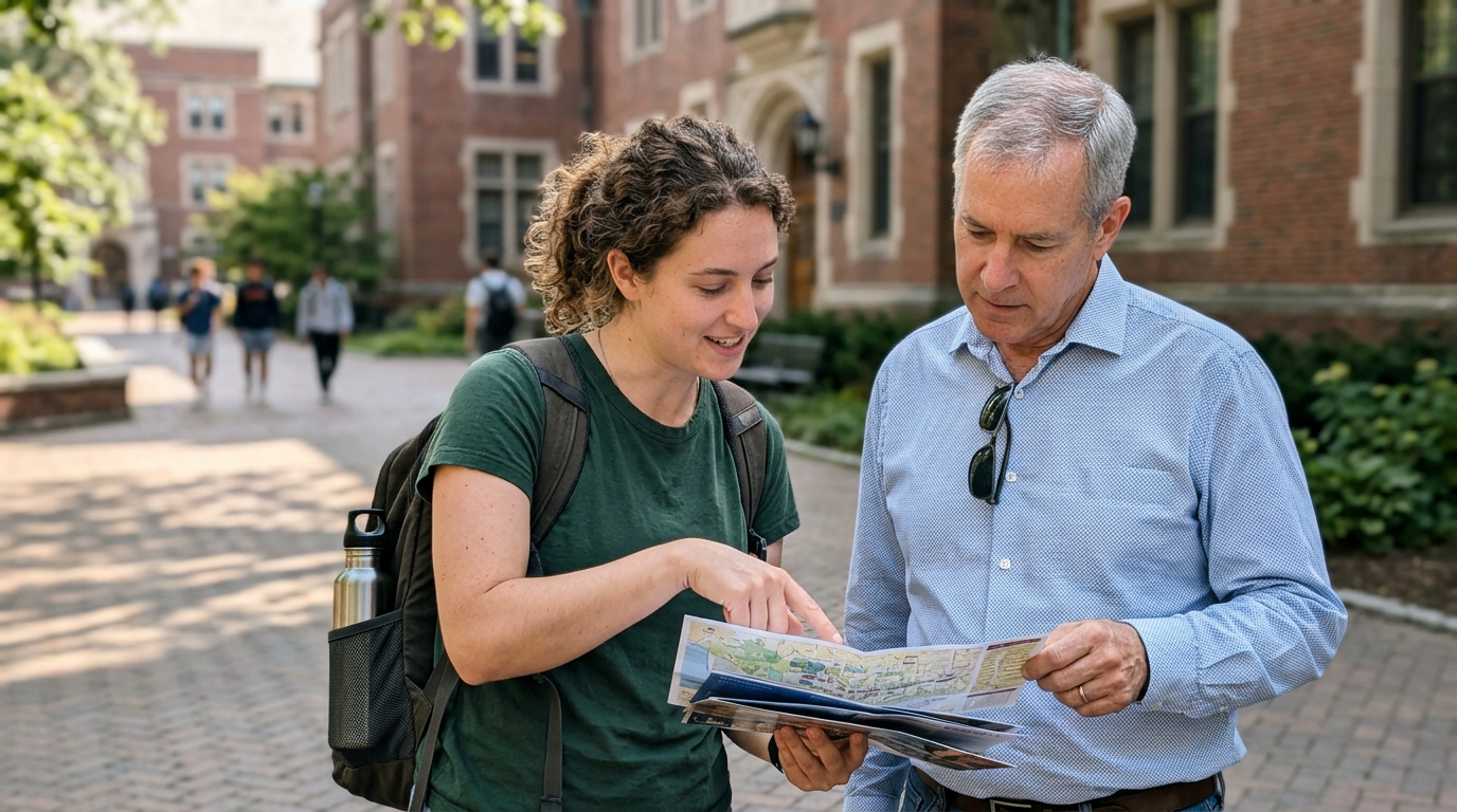 A young woman in a dark green T-shirt points to a folded map while standing beside an older man in a light blue shirt holding it open. They are centered on a brick campus walkway, with red-brick buildings, leafy hedges, and a few blurred pedestrians receding into the sunlit background.