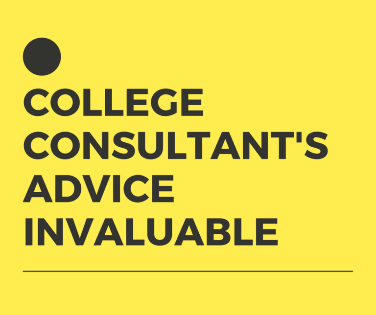 Yellow background with a large black dot in the upper left corner. Bold black text reads: College consultants advice invaluable. A thin black line runs near the bottom.
