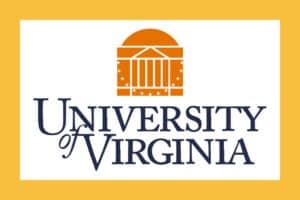 The University of Virginia logo with an orange Rotunda illustration above the words University of Virginia in bold, dark blue letters, all on a white background with a yellow border.