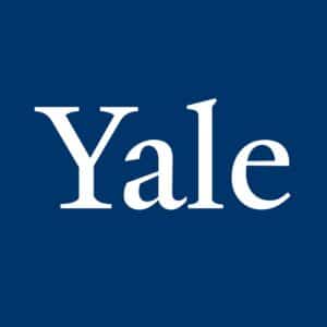 The word Yale is written in large, white serif font centered on a dark blue background.