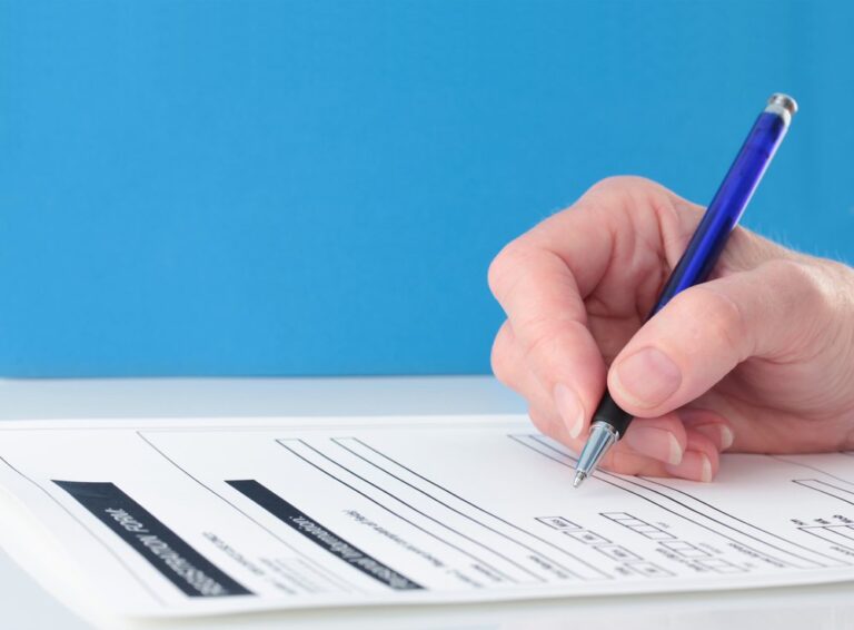 A close-up of a hand holding a blue pen and filling out a paper form with printed text and checkboxes against a blue background.