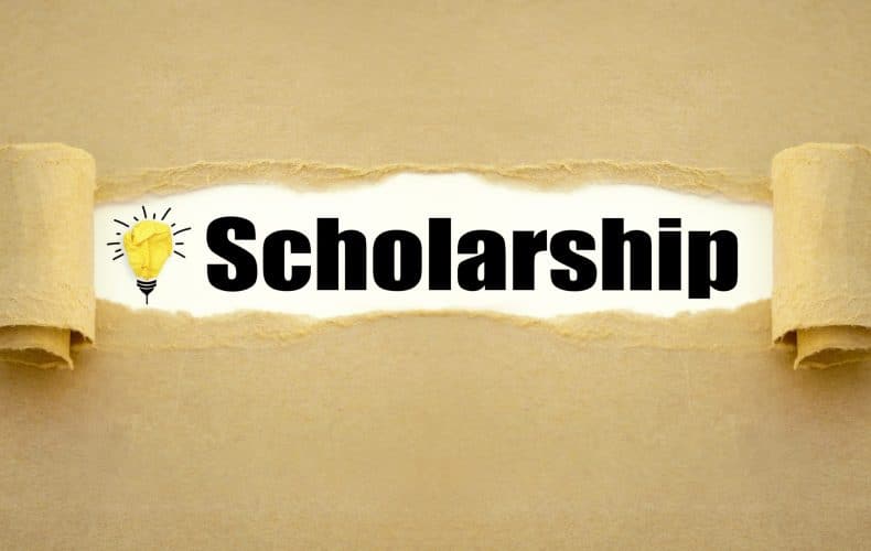 A torn paper reveals the word Scholarship in bold black letters, with a yellow lightbulb drawing on the left, symbolizing ideas or opportunities. The background is a textured light brown paper.