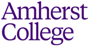 The words Amherst College are written in large, bold, purple letters on a light gray background.