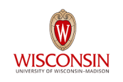 The University of Wisconsin–Madison logo features a red shield with a white W and a decorative gold border. Below the shield, WISCONSIN and University of Wisconsin–Madison are written in red text.