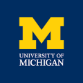 Large yellow M centered above the white text University of Michigan on a dark blue background. This is the official logo of the University of Michigan.