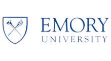 Emory University logo featuring a blue shield with a torch and trumpet crossed inside it, next to the words Emory University in blue text.