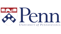 The University of Pennsylvania logo featuring a blue shield with white symbols and a red border on the left, and the text Penn University of Pennsylvania on the right.