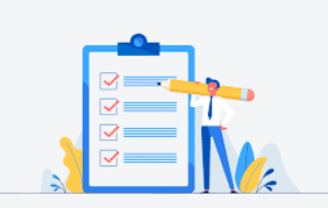 A cartoon person holding a large pencil stands beside a clipboard with a checklist. Each box on the list is marked with a red check. Blue and yellow decorative leaves are in the background.