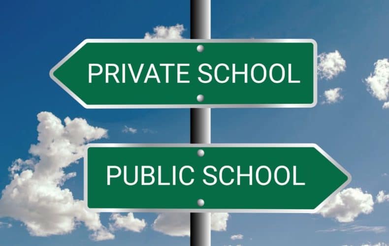 Two green directional signs on a pole point in opposite directions, one labeled PRIVATE SCHOOL and the other PUBLIC SCHOOL, against a blue sky with white clouds.